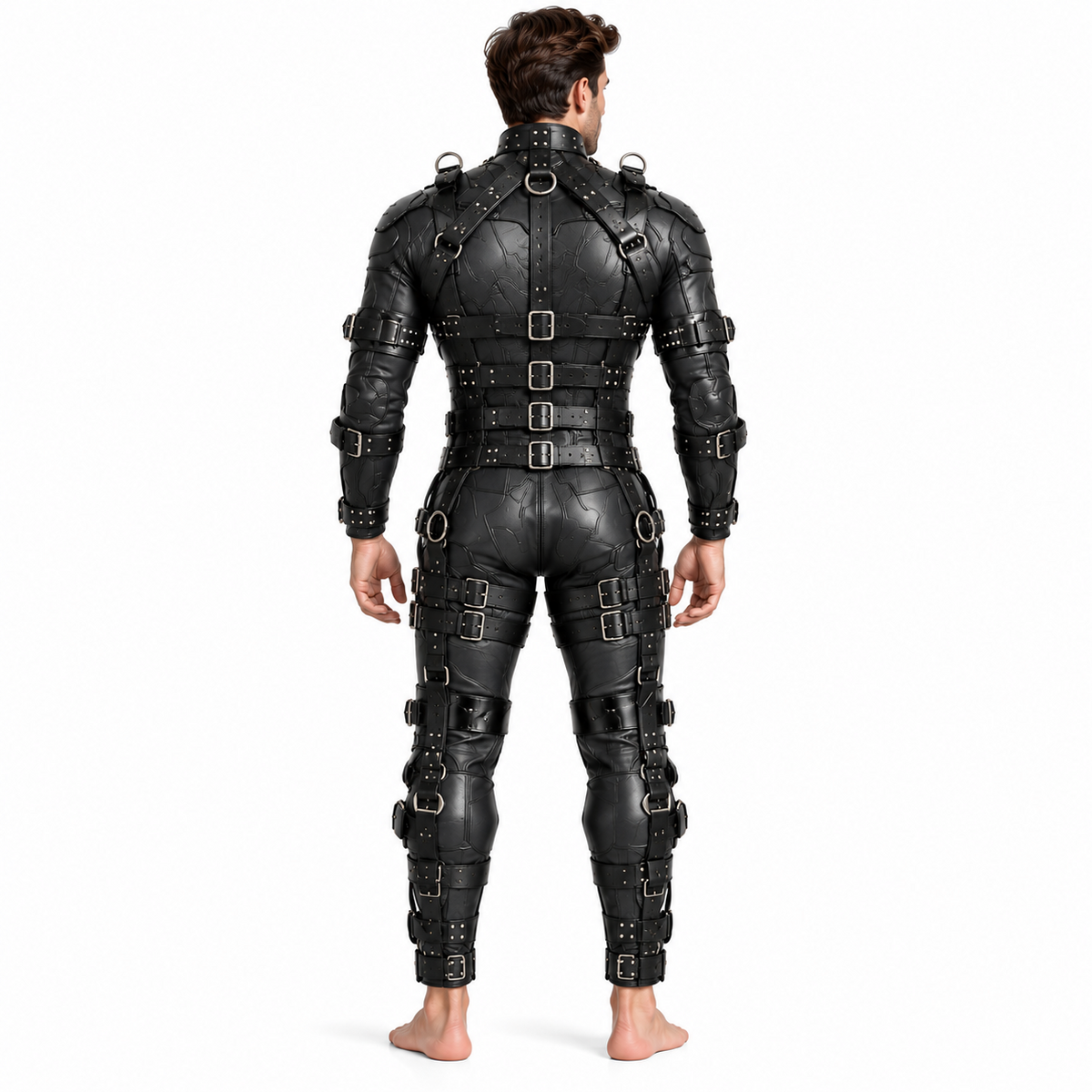 Back view of men's black genuine leather harness suit with shaped panels, shoulder D-rings, layered waist belts and buckle straps on the legs.