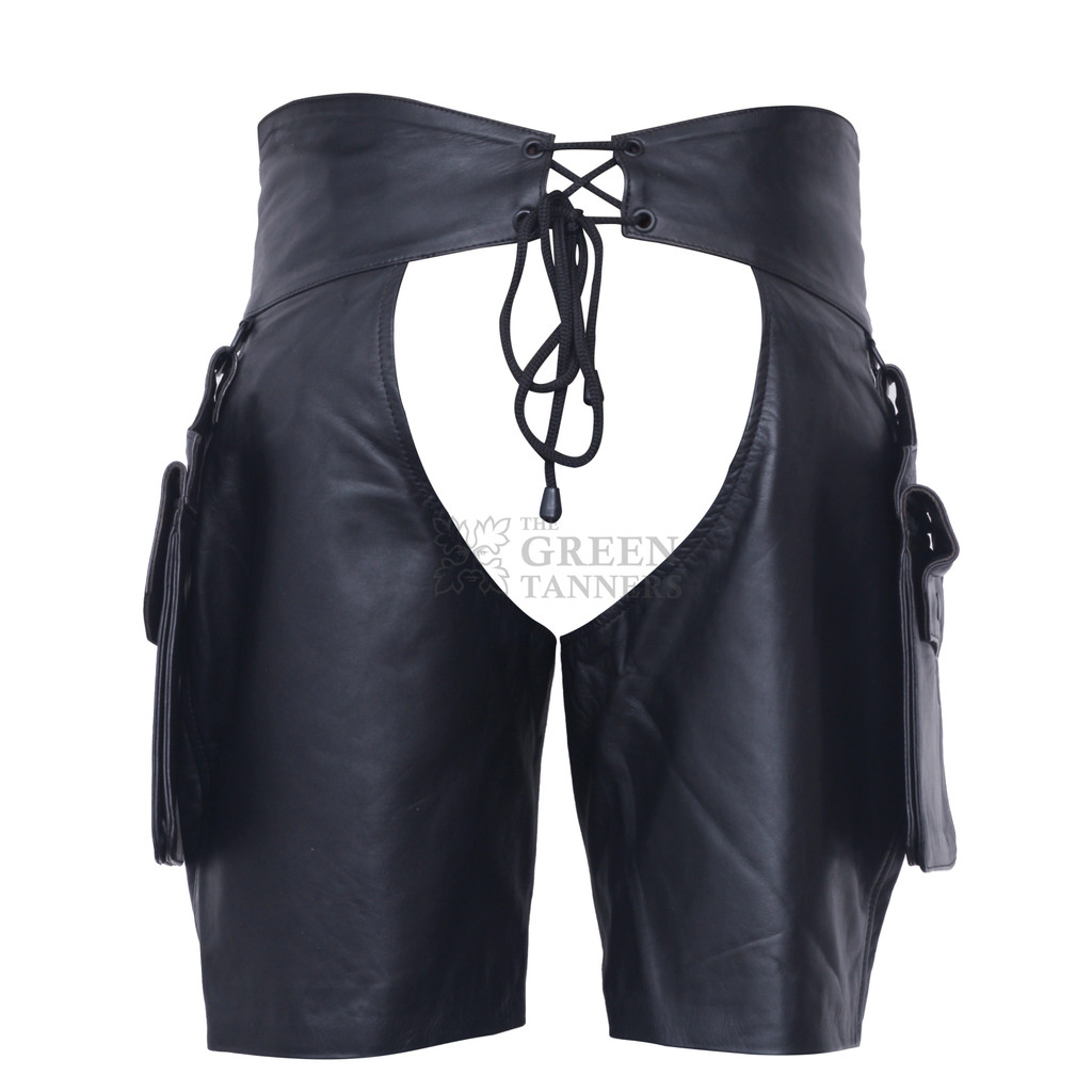 Back view of men's black leather short chaps with an open seat, central lace-up waistband, metal eyelets and short fitted leg panels.