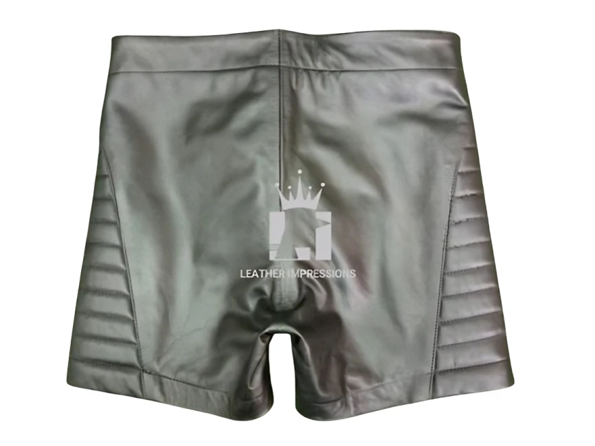 Back view of men's black leather shorts showing a covered seat, center seam, plain waistband and ribbed side panels on a white background.