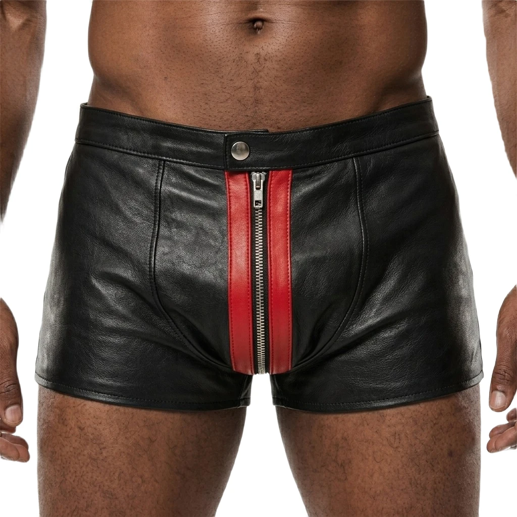 Front view of men's black leather short shorts showing a central silver-tone zipper with red trim, snap closure and shaped panel seams.