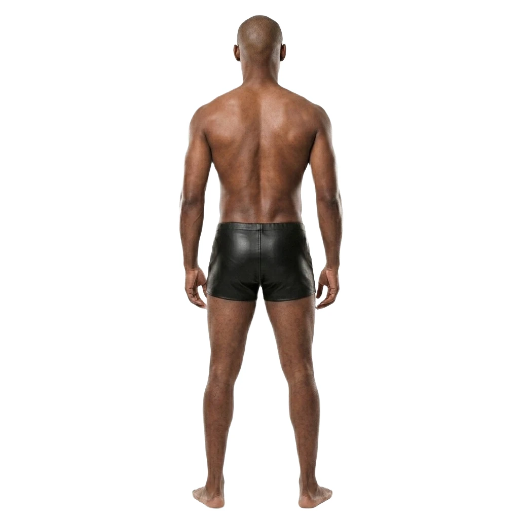 Back view of men's black genuine leather shorts showing a plain covered seat, center seam, fitted waistband and short straight leg hems.