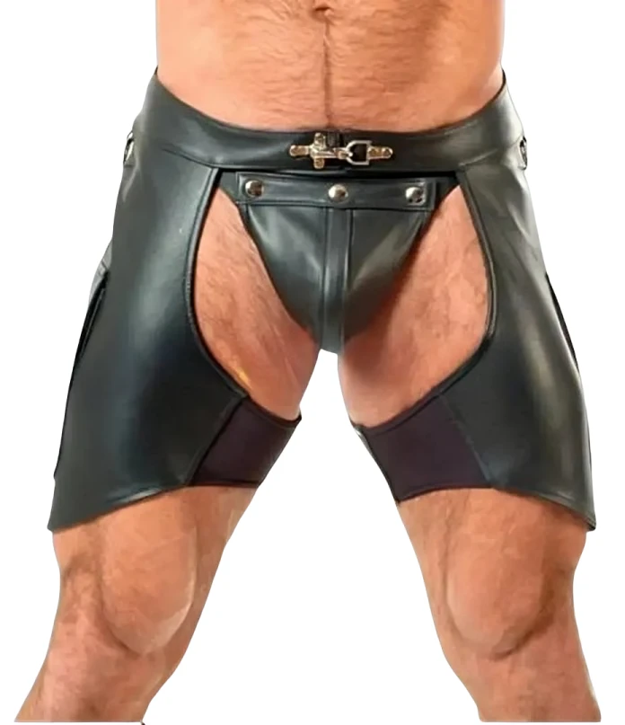 Front view of men's black leather open-seat short chaps with wide waistband, metal clasp, curved leg openings and a snap-front panel.