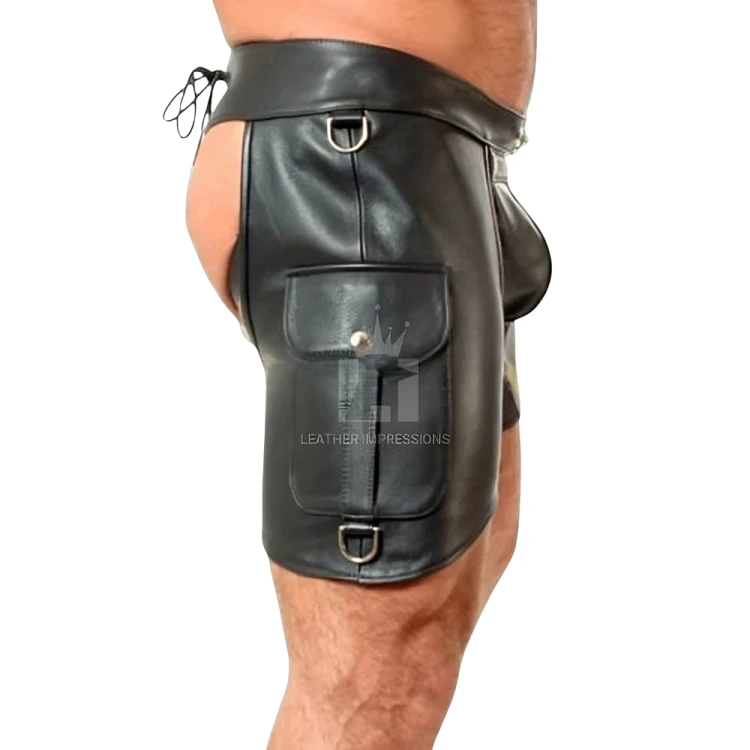 Side view of men's black genuine leather short chaps showing a flap pocket with snap closure, metal D-rings and wide leather waistband.