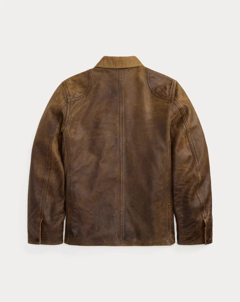 Rear view of men's brown genuine leather jacket showing curved shoulder panels, a center back seam and straight buttoned cuffs.