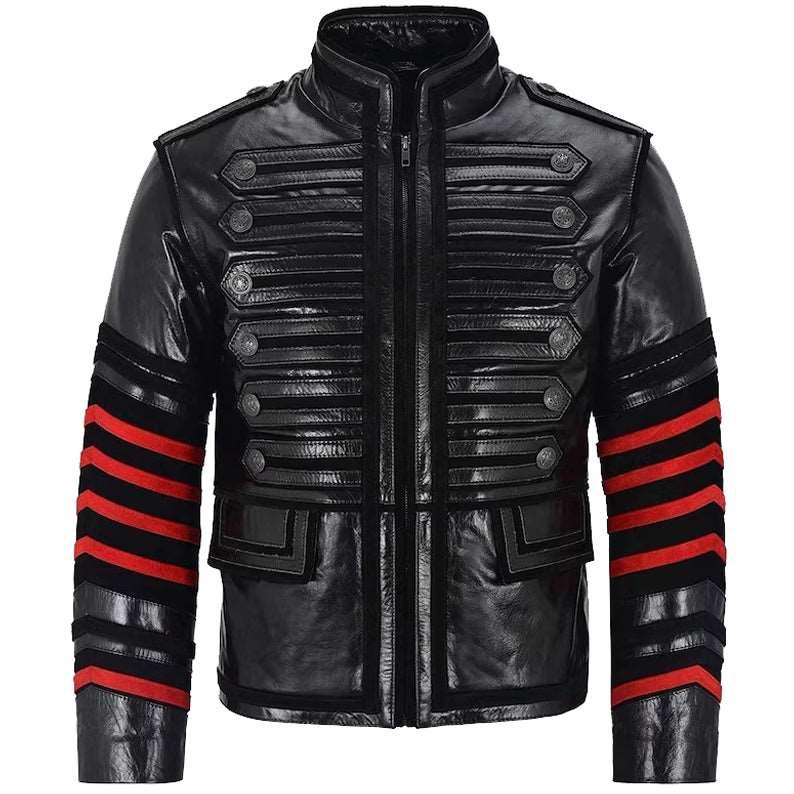 Men's Gothic Black & Red Leather Jacket - Laced Military & Zip Up Style