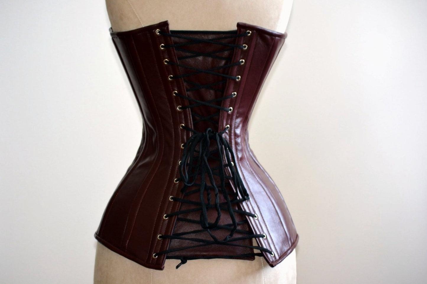 Woman's BDSM Real Sheepskin Leather Corset - Maroon Bustier Mistress Corset