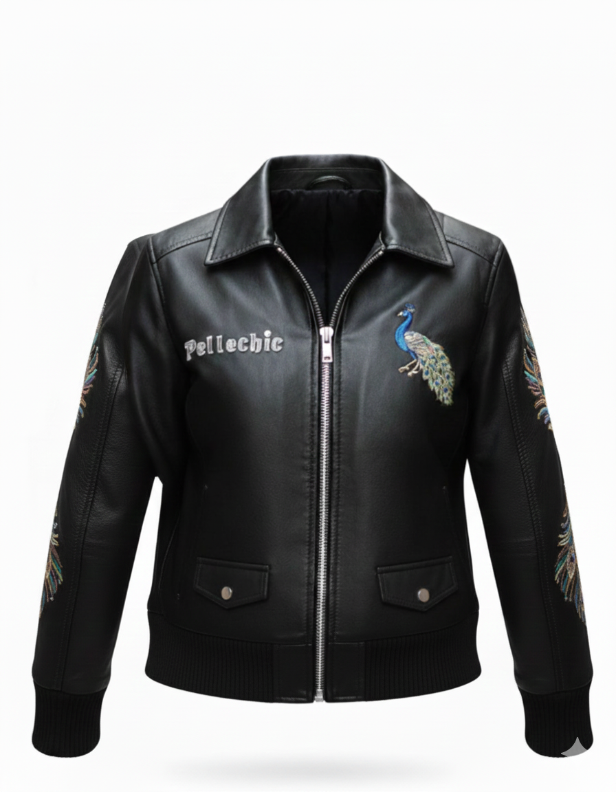 PelleChic™ Majestic Peacock Luxury Leather Bomber – Hand-Detailed Rhinestone Art Edition leathertaboo.com