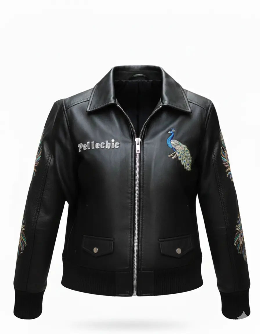 PelleChicโข Majestic Peacock Luxury Leather Bomber โ Hand-Detailed Rhinestone Art Edition leathertaboo.com