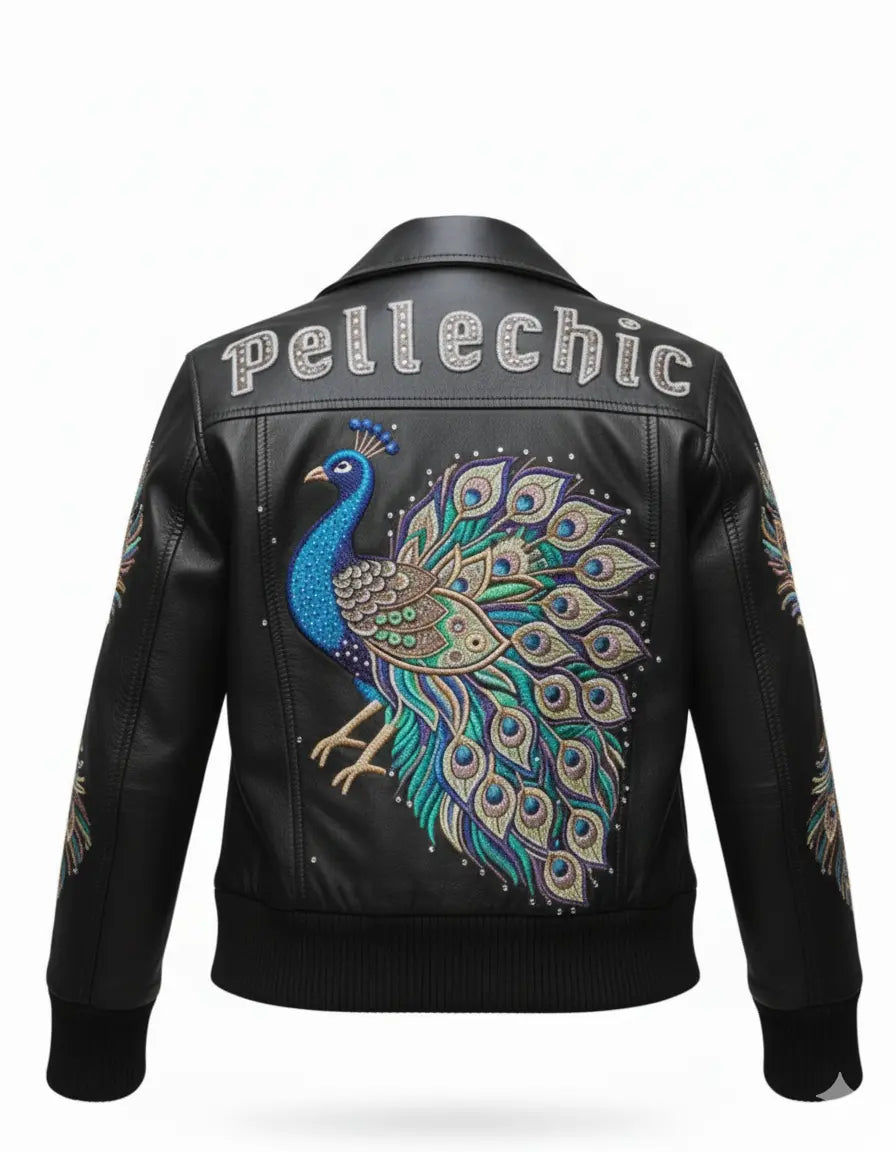 PelleChic™ Majestic Peacock Luxury Leather Bomber – Hand-Detailed Rhinestone Art Edition leathertaboo.com