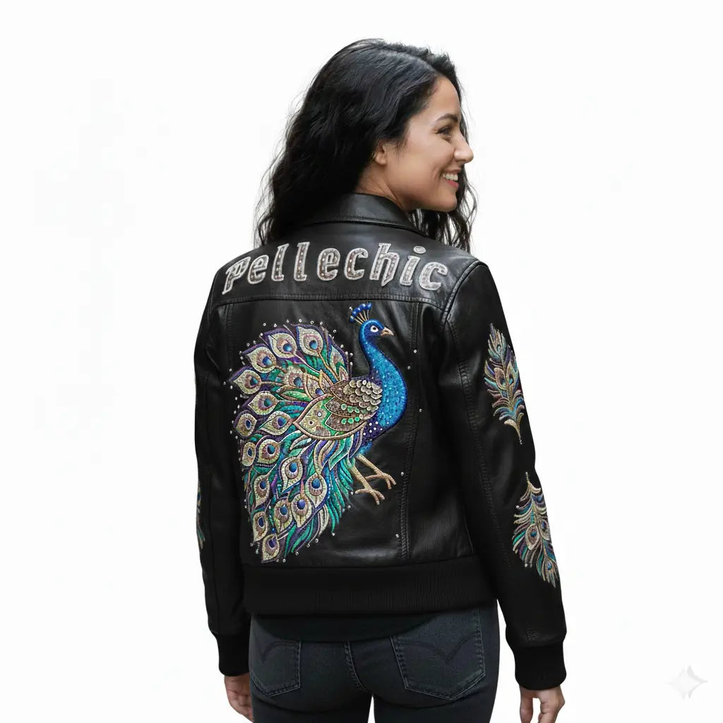 PelleChicโข Majestic Peacock Luxury Leather Bomber โ Hand-Detailed Rhinestone Art Edition leathertaboo.com