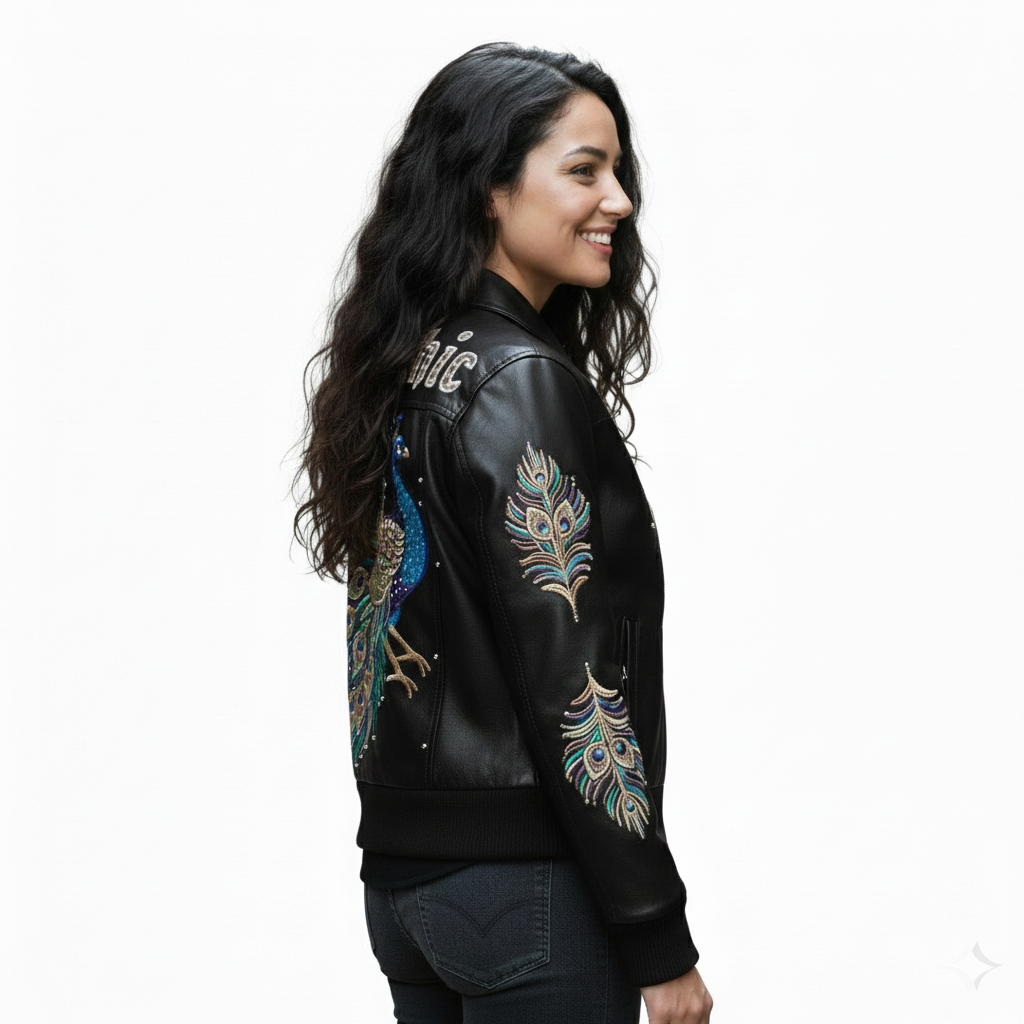 PelleChic™ Majestic Peacock Luxury Leather Bomber – Hand-Detailed Rhinestone Art Edition leathertaboo.com