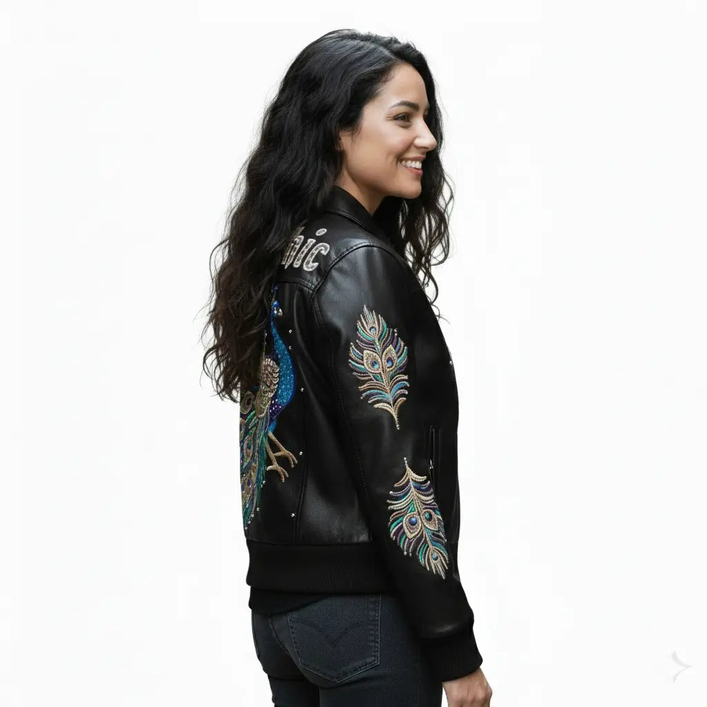 PelleChic™ Majestic Peacock Luxury Leather Bomber – Hand-Detailed Rhinestone Art Edition leathertaboo.com