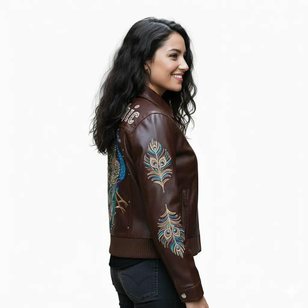 PelleChicโข Majestic Peacock Luxury Leather Bomber โ Hand-Detailed Rhinestone Art Edition leathertaboo.com