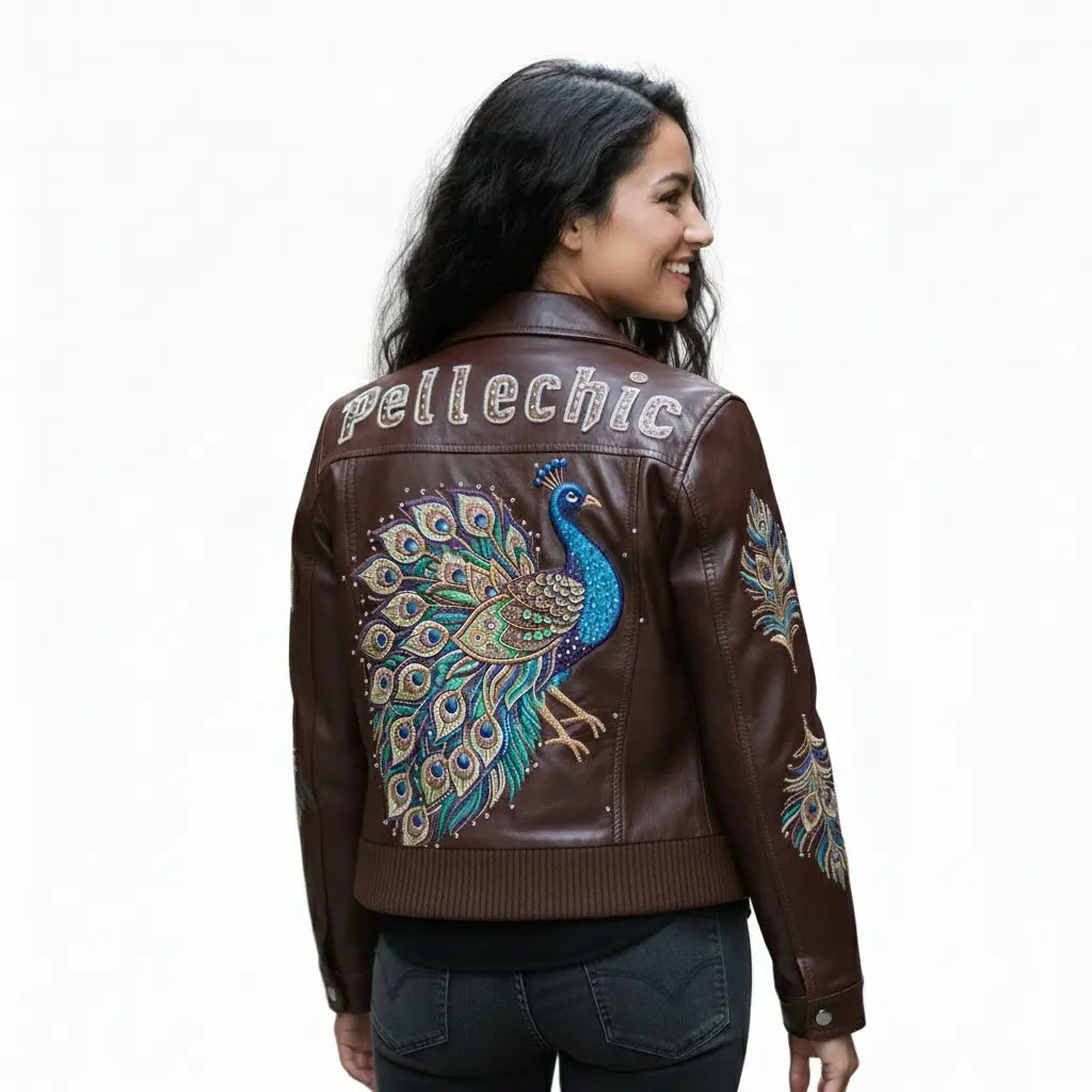 PelleChicโข Majestic Peacock Luxury Leather Bomber โ Hand-Detailed Rhinestone Art Edition leathertaboo.com