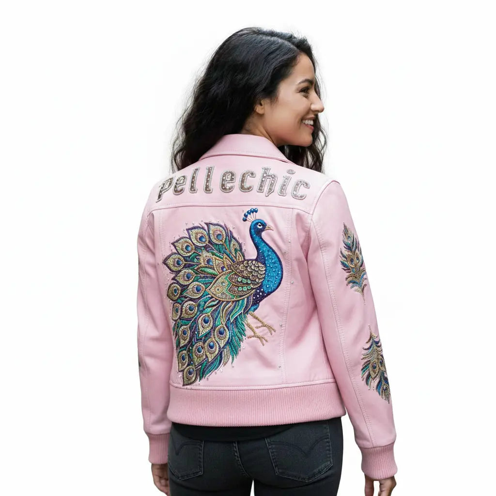 PelleChicโข Majestic Peacock Luxury Leather Bomber โ Hand-Detailed Rhinestone Art Edition leathertaboo.com