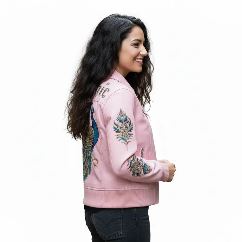 PelleChicโข Majestic Peacock Luxury Leather Bomber โ Hand-Detailed Rhinestone Art Edition leathertaboo.com