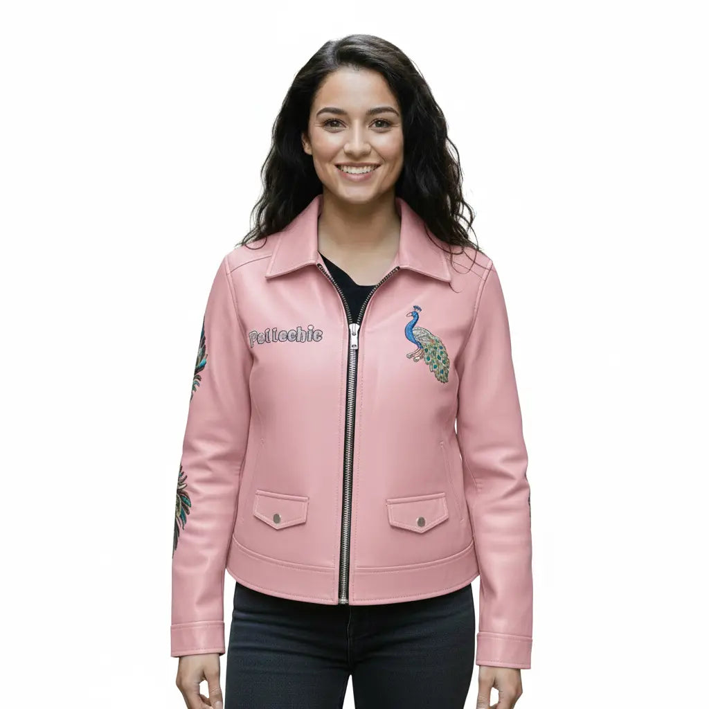 PelleChic™ Majestic Peacock Luxury Leather Bomber – Hand-Detailed Rhinestone Art Edition leathertaboo.com