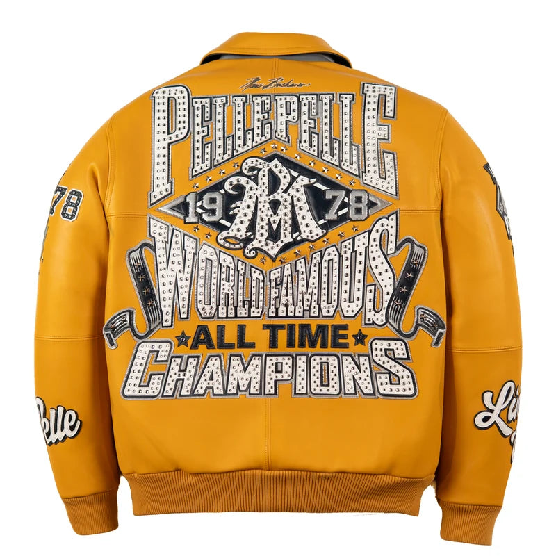 Back view of maize Pelle Pelle All Time Champions Jacket with oversized white lettering, dark accents, 1978 graphics and star studs.