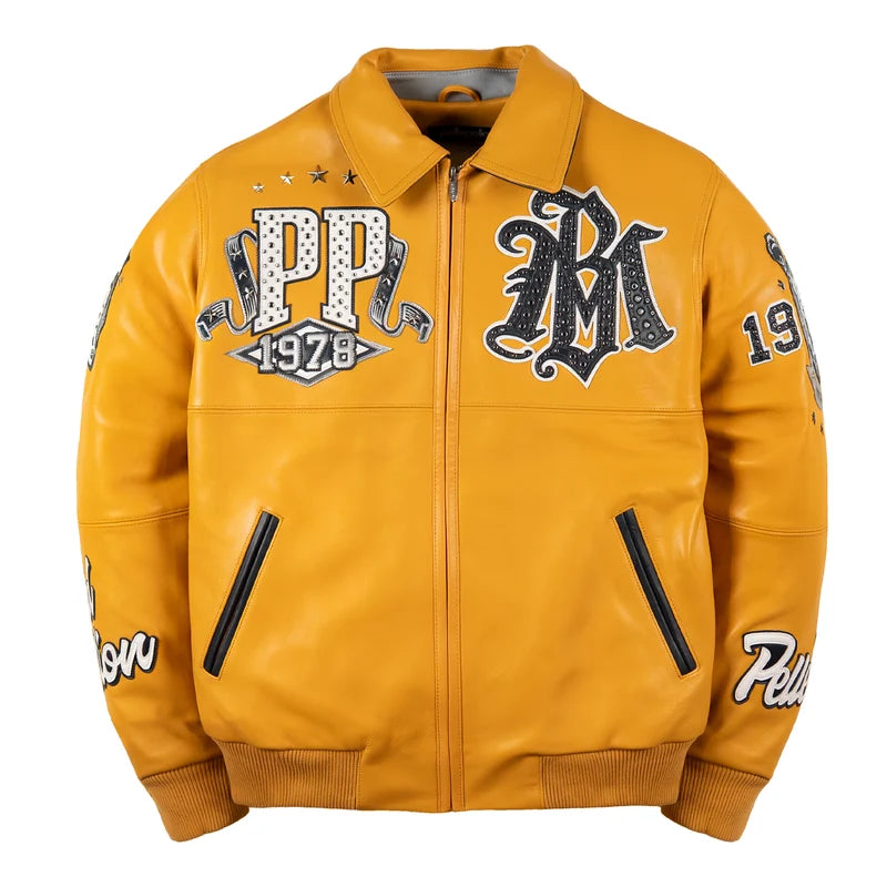Front view of maize Pelle Pelle All Time Champions Jacket with white PP chest lettering, dark monogram artwork and angled pockets.