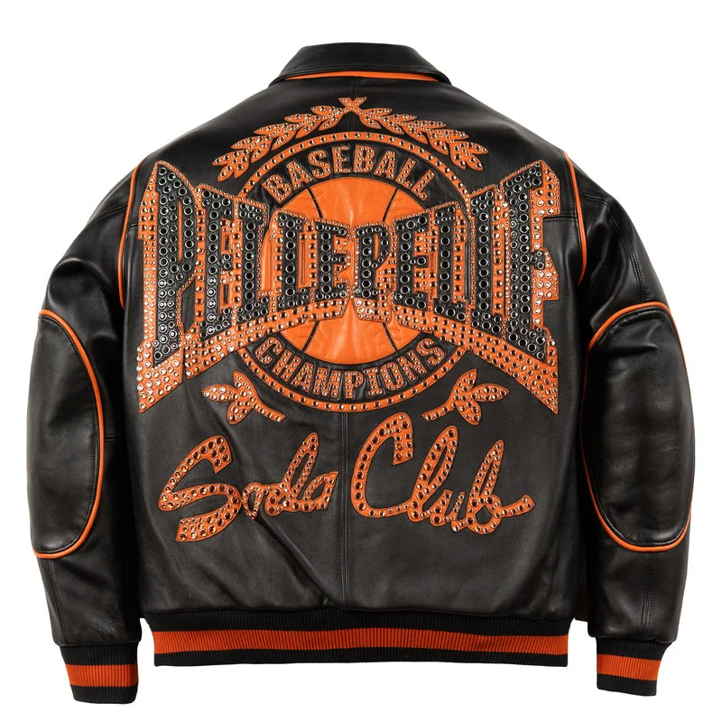 Back of black and orange Pelle Pelle jacket showing studded Baseball Champions artwork, Soda Club lettering and orange elbow piping.