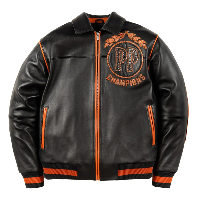 Front of black and orange Pelle Pelle Champions leather jacket with PP chest crest, orange zipper trim and striped rib-knit cuffs.