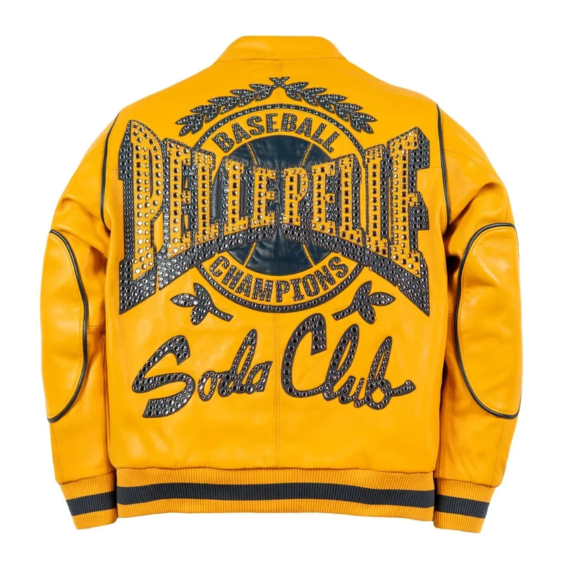 Back view of maize Pelle Pelle Champions leather jacket with oversized navy studded artwork, basketball emblem and Soda Club script.