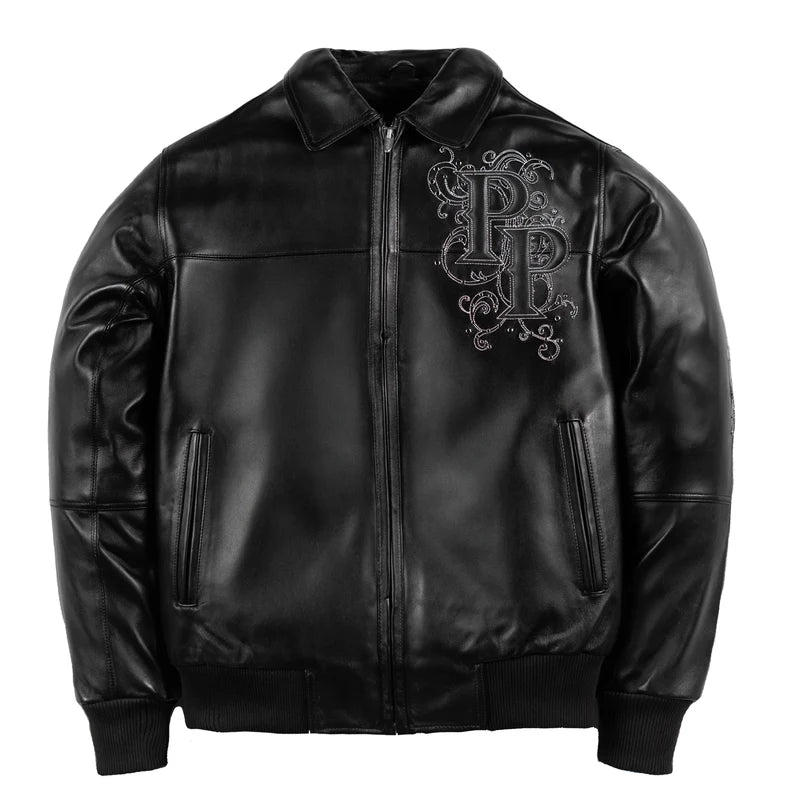 Front view of black Pelle Pelle Shoulder Crest jacket with silver-tone PP monogram detailing, zip closure and rib-knit trim.