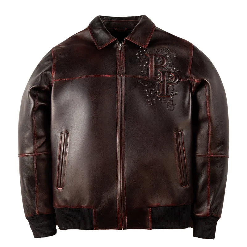 Front of black and red Pelle Pelle Shoulder Crest jacket with a studded PP chest monogram, front zipper and black rib-knit cuffs.