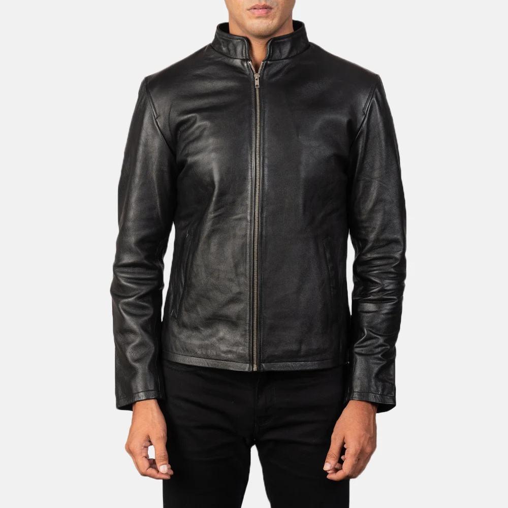 Menโs Handmade Black Genuine Leather T-Shirt Jacket (Full Zipper Biker Shirt)
