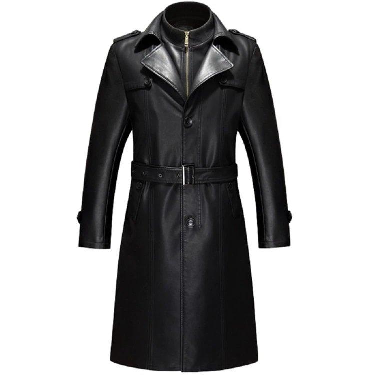 Men's Winter Classic Long Leather Trench Coat - Full Length Overcoat