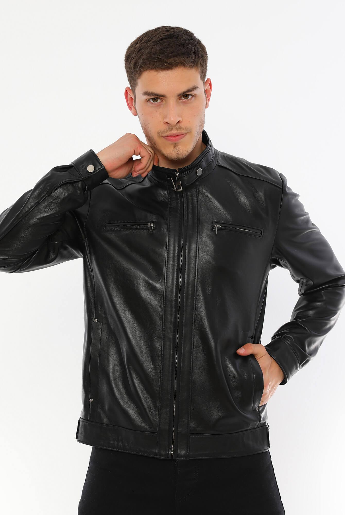 Men's Black Genuine Leather Motorcycle Bomber Jacket - Cafe Racer Biker Jacket