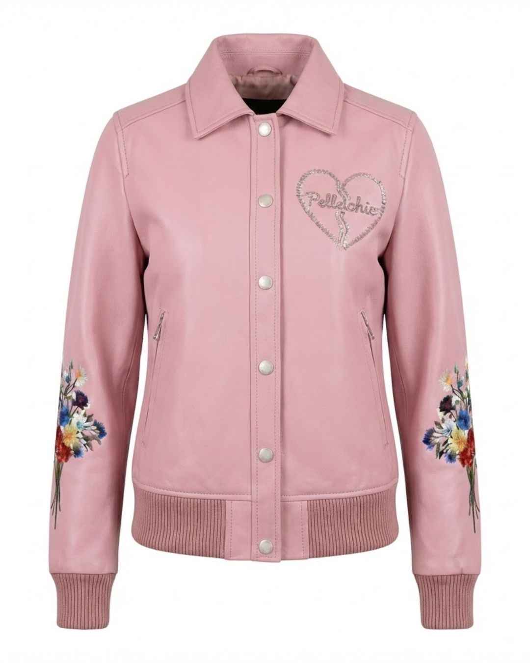 PelleChic™ “Pulse of Passion” Dusty Pink Leather Bomber – Elite Anatomical Heart Art Edition