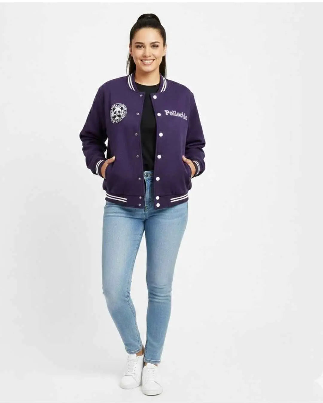 โPanda Power Purple Varsity Jacket โ Trendy Pellechic Streetwear Varsity jacket