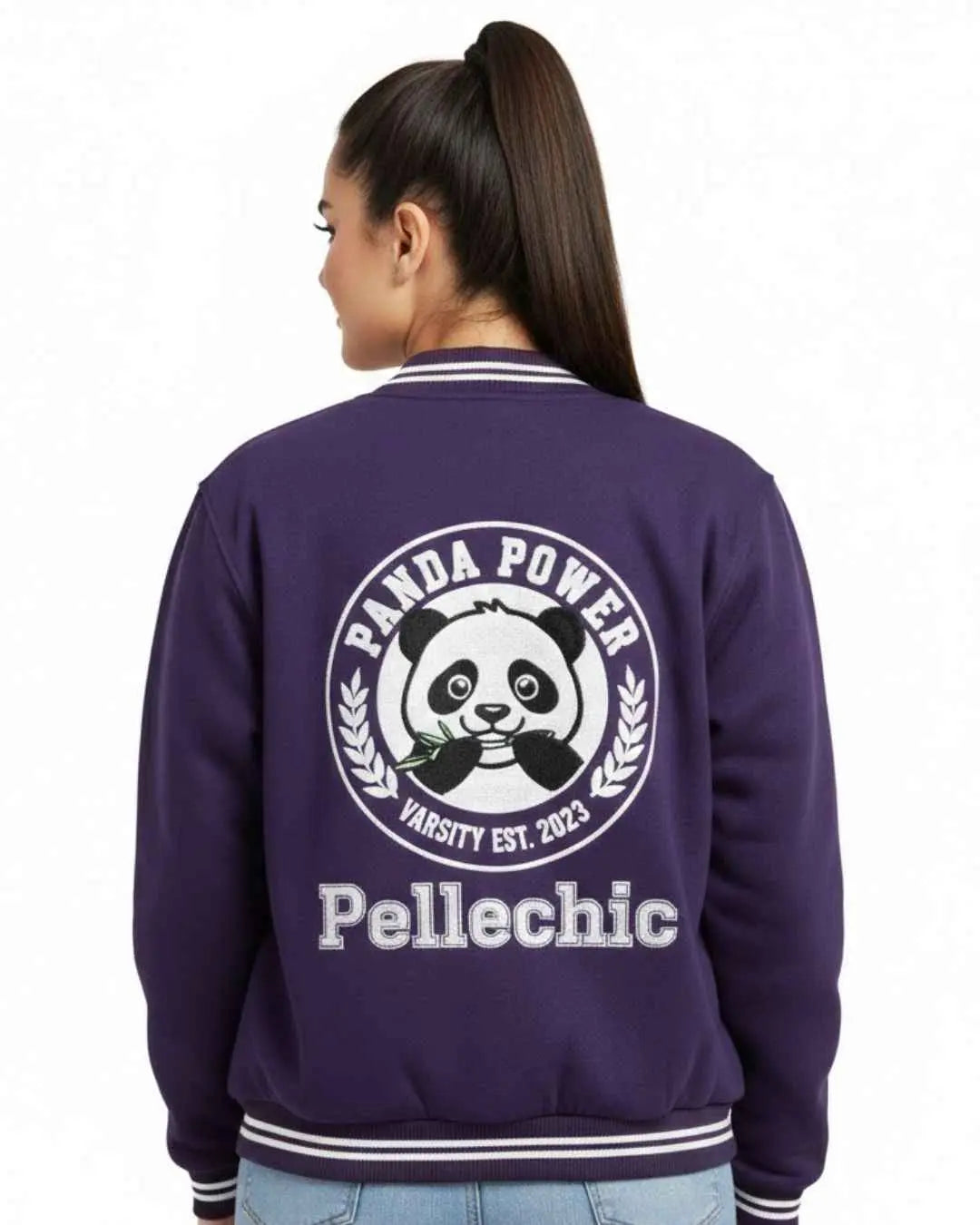 โPanda Power Purple Varsity Jacket โ Trendy Pellechic Streetwear Varsity jacket