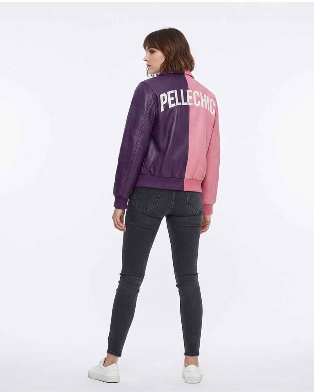 Two-Tone Leather Jacket with Floral Rabbit Embroidery