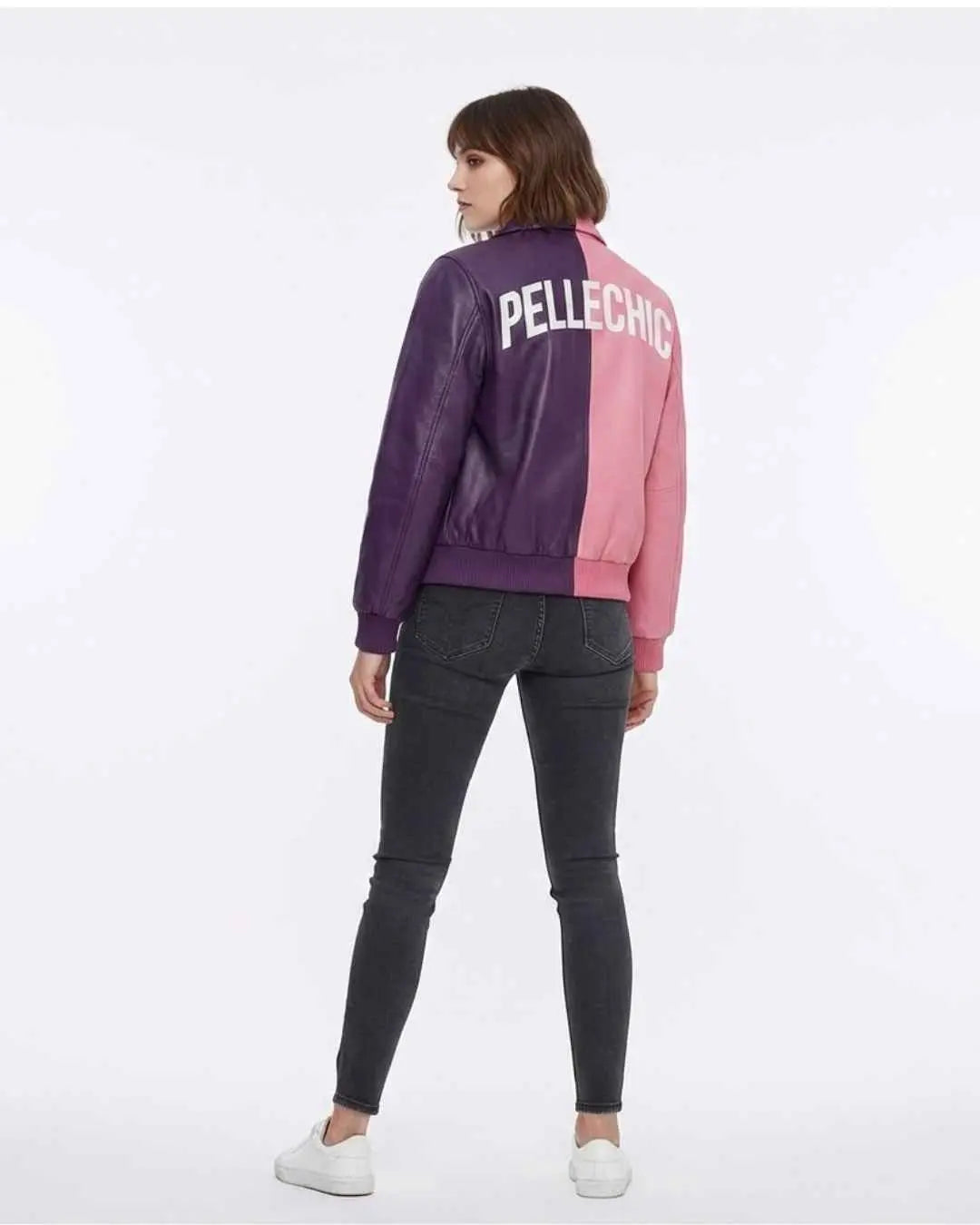 Two-Tone Leather Jacket with Floral Rabbit Embroidery