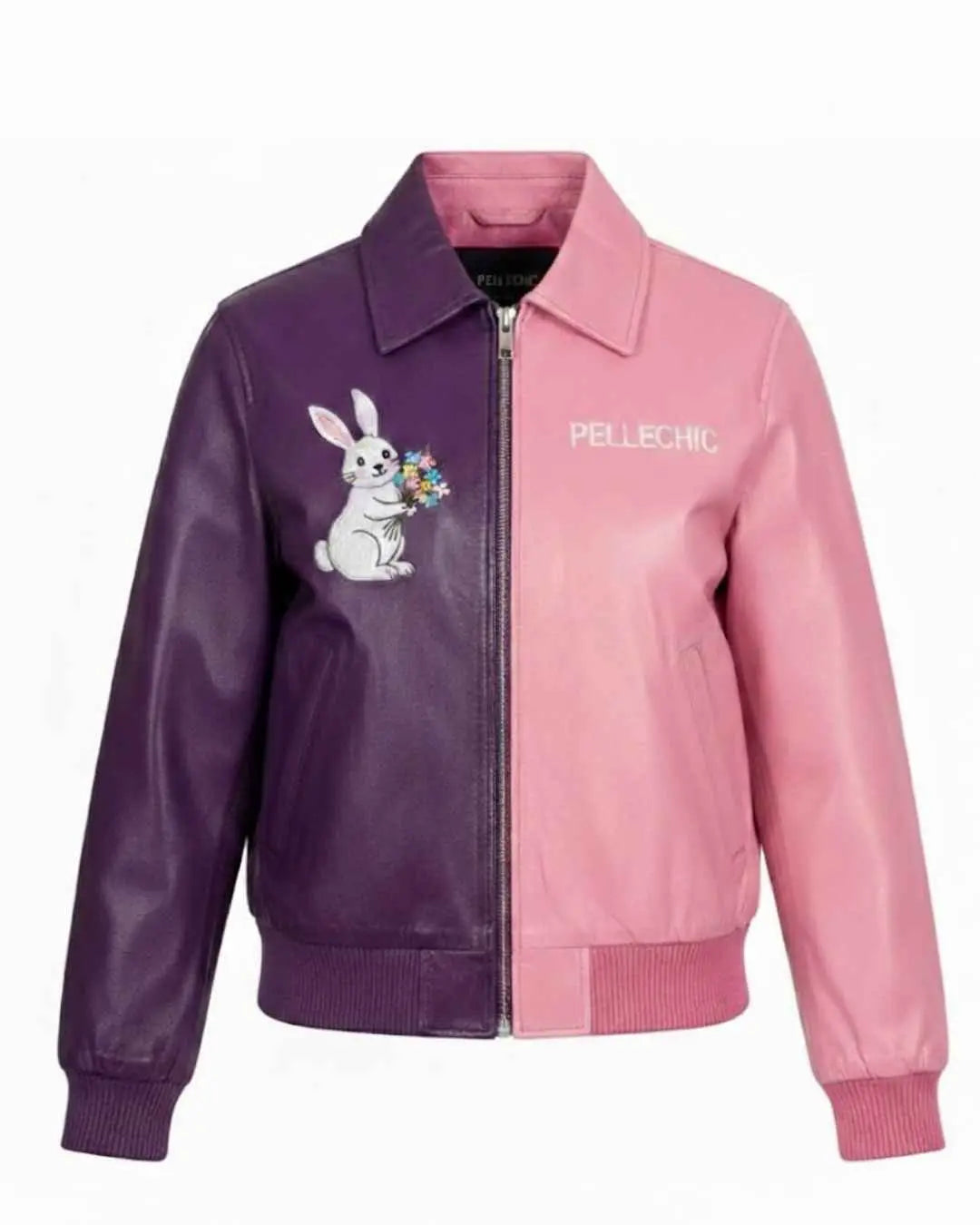 Two-Tone Leather Jacket with Floral Rabbit Embroidery
