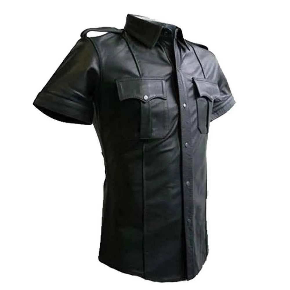 Real Leather Men's Black Police Military Style Shirt BLUF Gay Shirts (Copy)