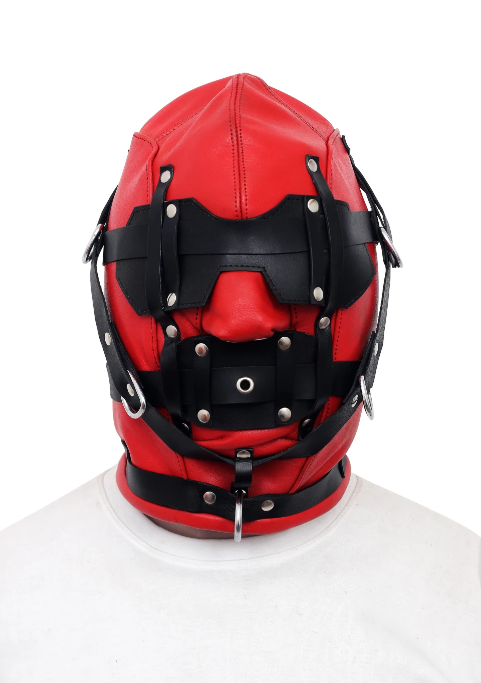 Front view of red full-face leather hood with black eye and mouth panels, riveted straps, silver-tone rings and a fitted neck band.
