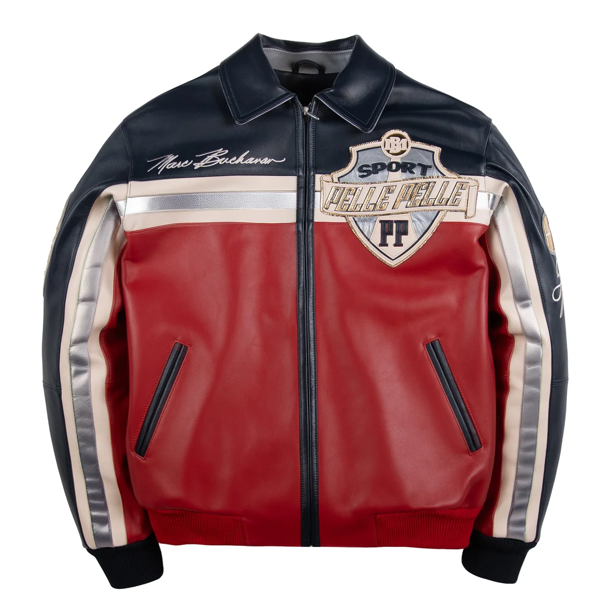 Front view of a red and black leather sport jacket with cream and metallic silver stripes, shield chest patch, zip front and ribbed trim.