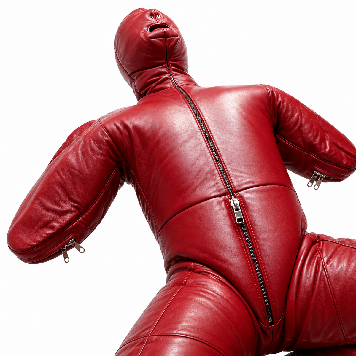 Upper detail of red genuine leather hooded suit showing the face opening, eyelets, central zipper and enclosed sleeves against a white background.