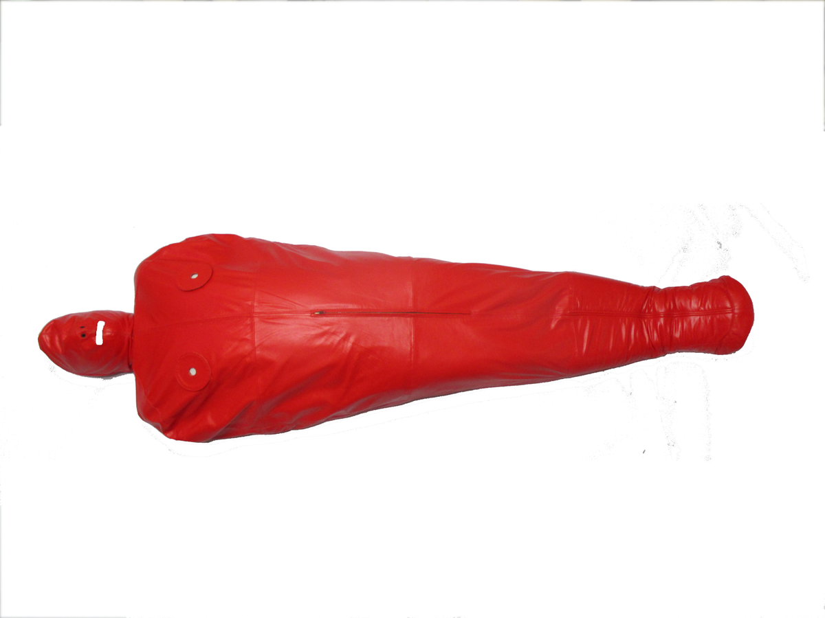 Front view of red genuine leather hooded sleep sack with circular chest flaps, a central short zipper and tapered enclosed foot section.