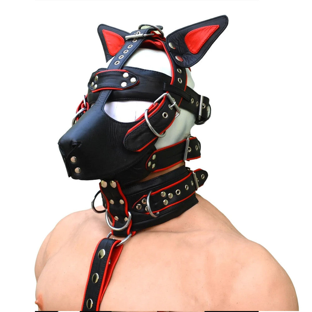 Men's Handmade Leather Puppy Mask With Muzzle Body Harness & Cock Ring