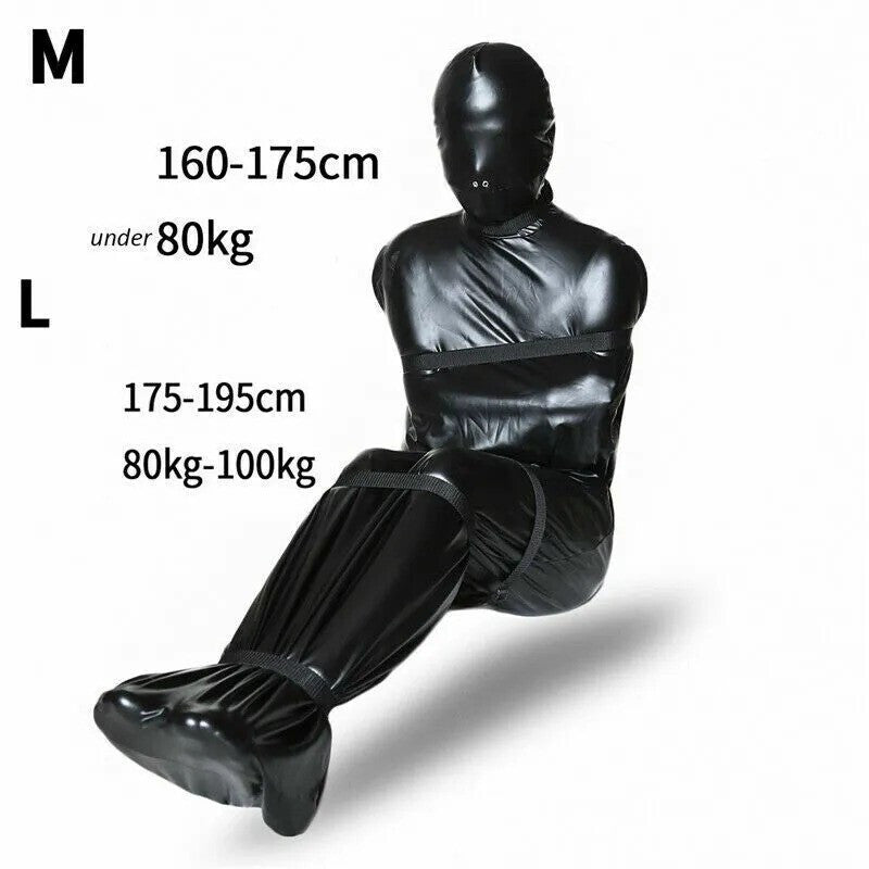 Leather BDSM Sleep Sack Bondage Body Bag With Arms Binder & Hood