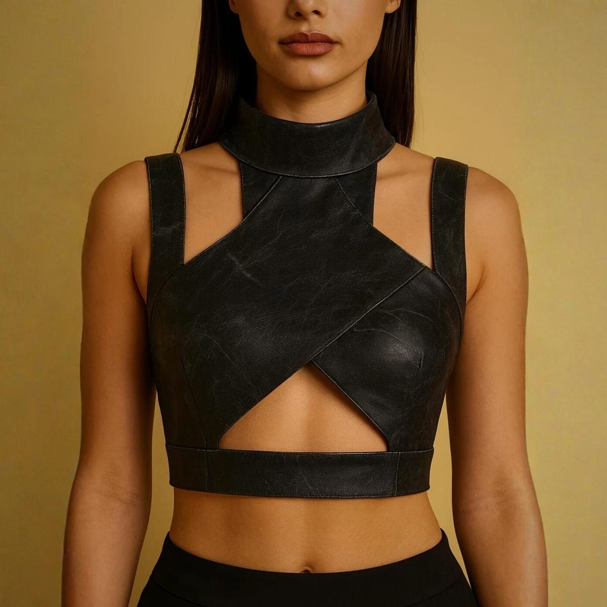 Women’s Black Leather Crop Top (Turtleneck Biker Gothic Bolero Tank)