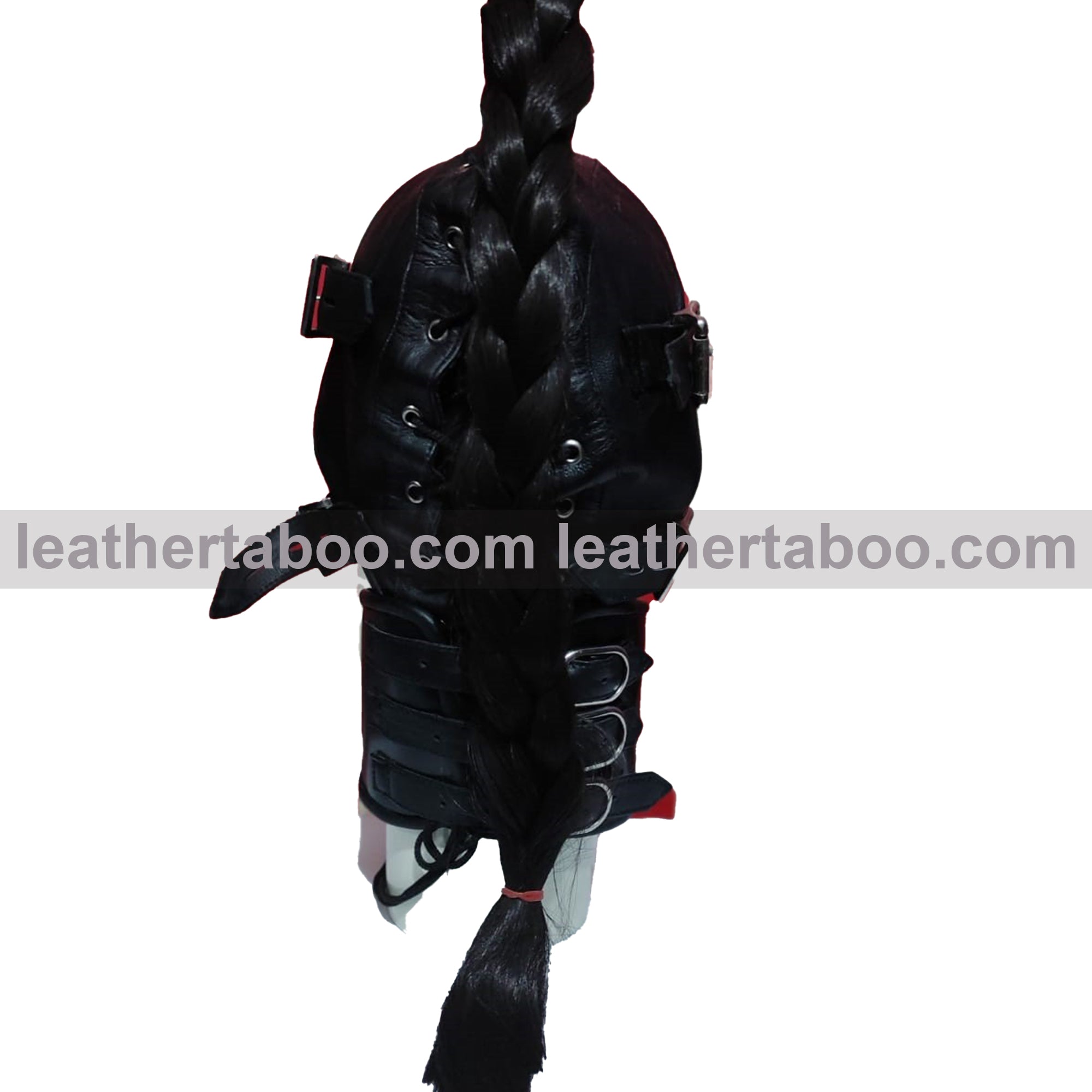 Genuine Leather Gothic Ponytail Hood Mask with Buckle Muzzle And Adjustable Collar
