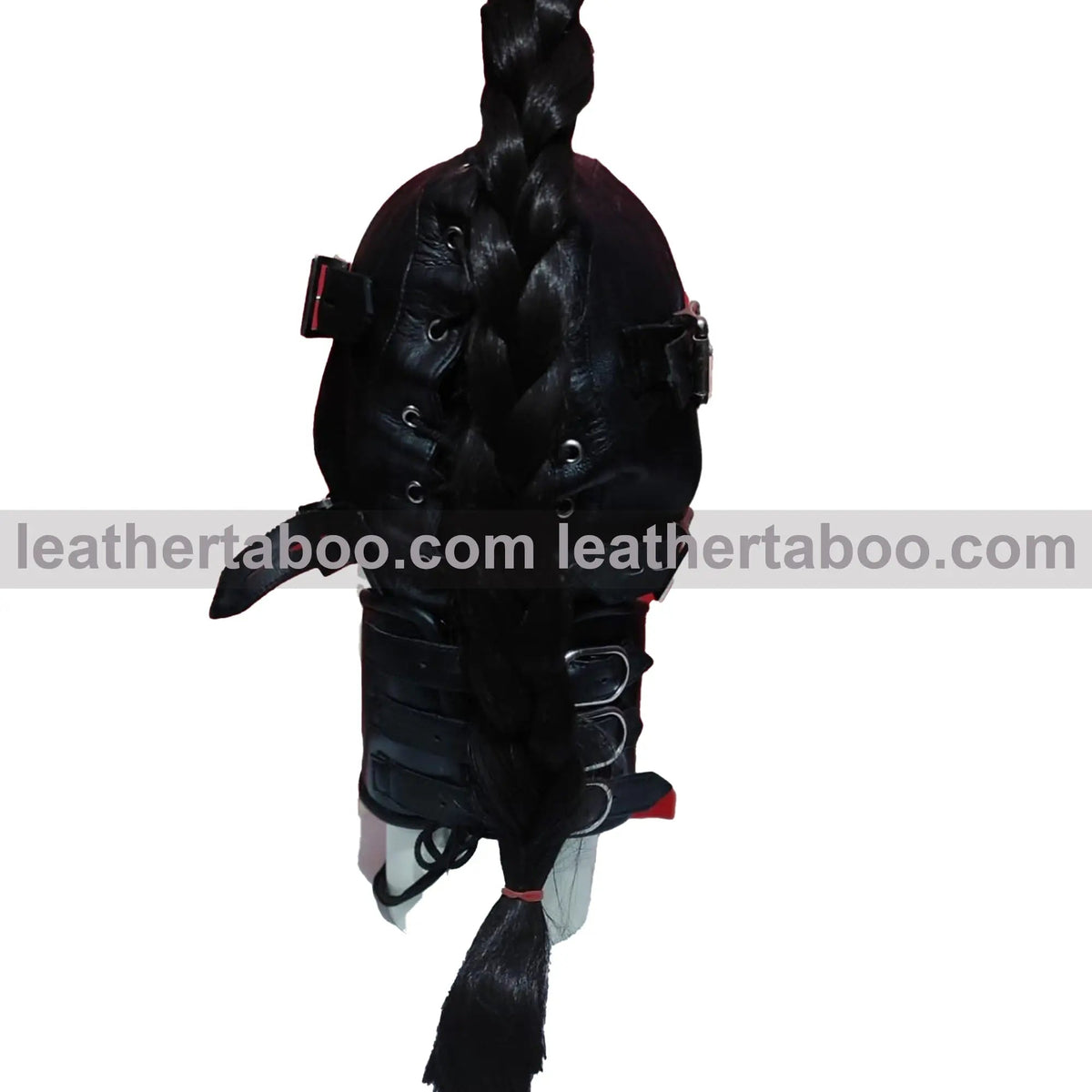 Genuine Leather Gothic Ponytail Hood Mask with Buckle Muzzle And Adjustable Collar - Leather taboo