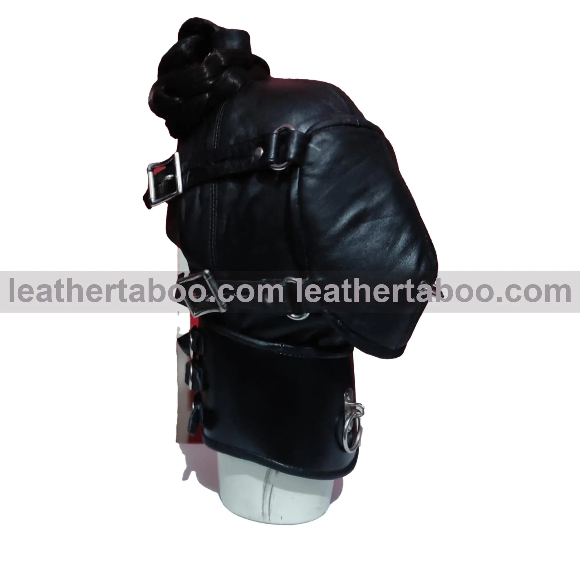 Genuine Leather Gothic Ponytail Hood Mask with Buckle Muzzle And Adjustable Collar - Leather taboo