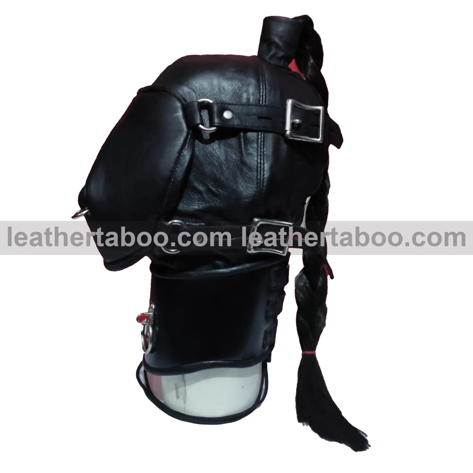 Genuine Leather Gothic Ponytail Hood Mask with Buckle Muzzle And Adjustable Collar - Leather taboo