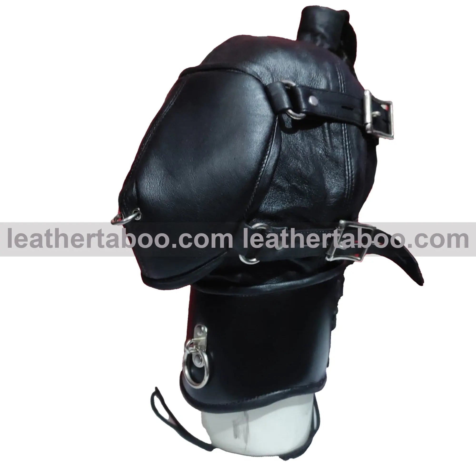 Genuine Leather Gothic Ponytail Hood Mask with Buckle Muzzle And Adjustable Collar - Leather taboo